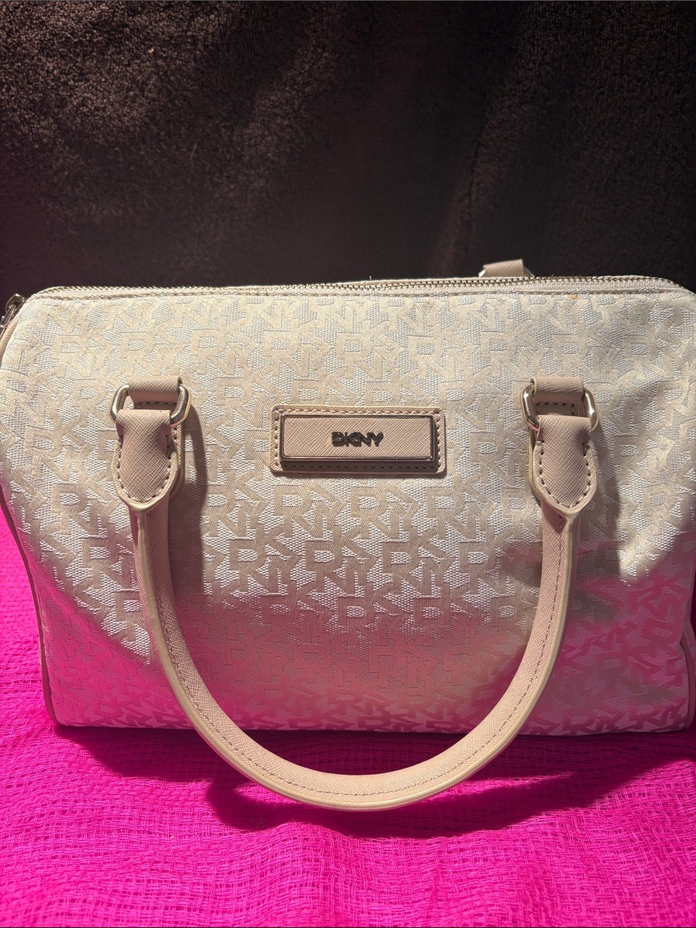 DKNY Cream Monogram Satchel with Pale Tan Handles
